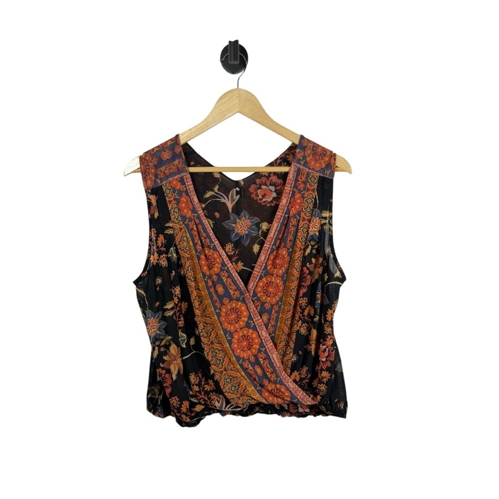 Free People Havana Floral Print Sleeveless Surplice Mesh Top Black/Orange M - Picture 6 of 14